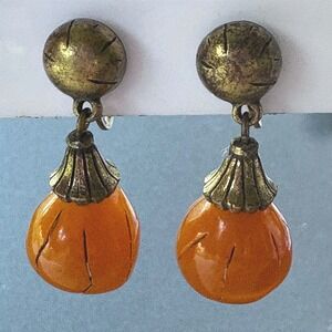 Vintage Crown Trifari Pumpkin Drop Clip-On Earrings and Bead Necklace Set